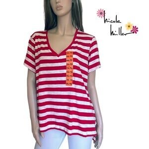 Nicole Miller Stripe Tee t-shirt Tank Top Red V-Neck Short Sleeve Hi Low NWOT
